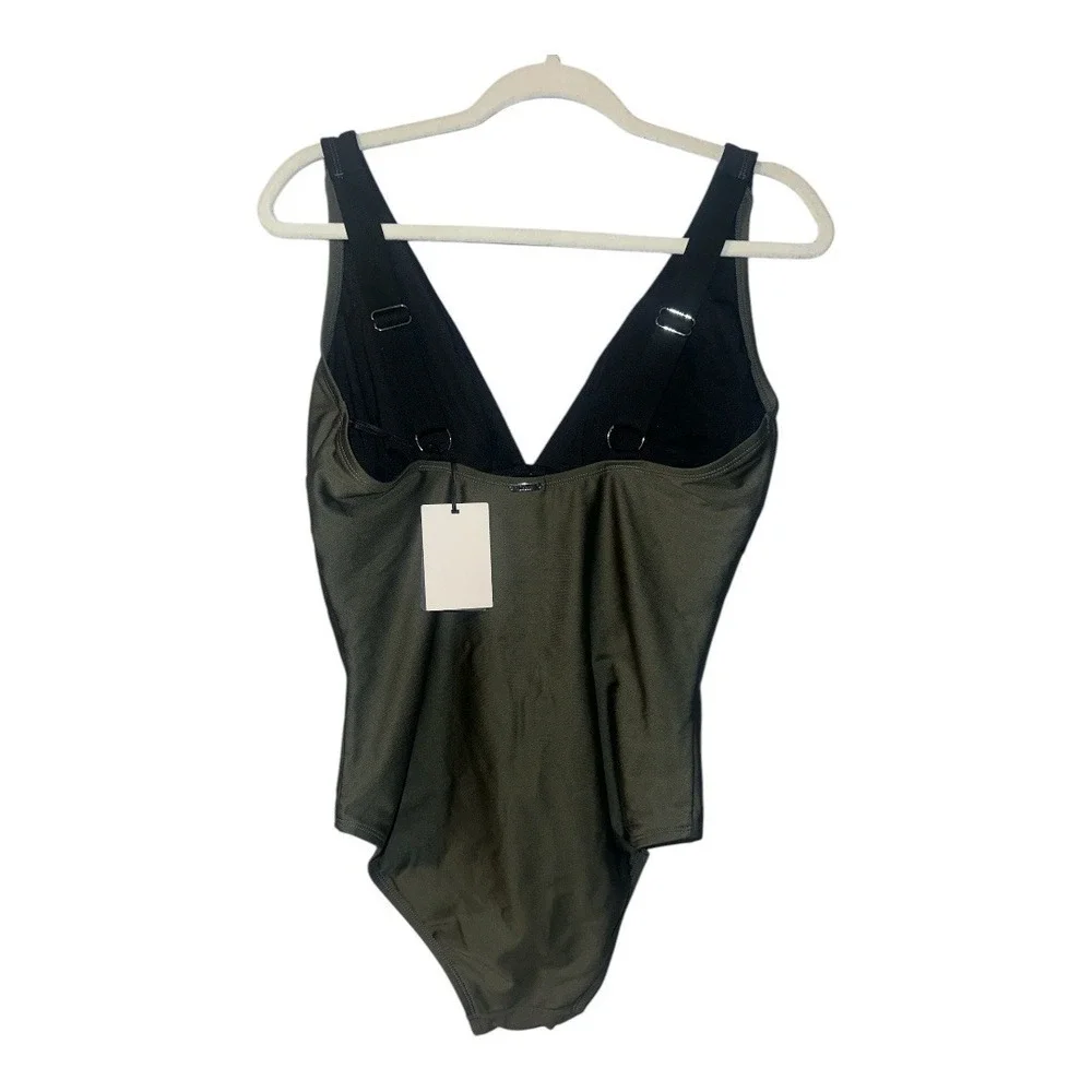 DKNY Green/Black V-Neck Contrast Trim One Piece Swimsuit, Size‎ 12 - Picture 4 of 7